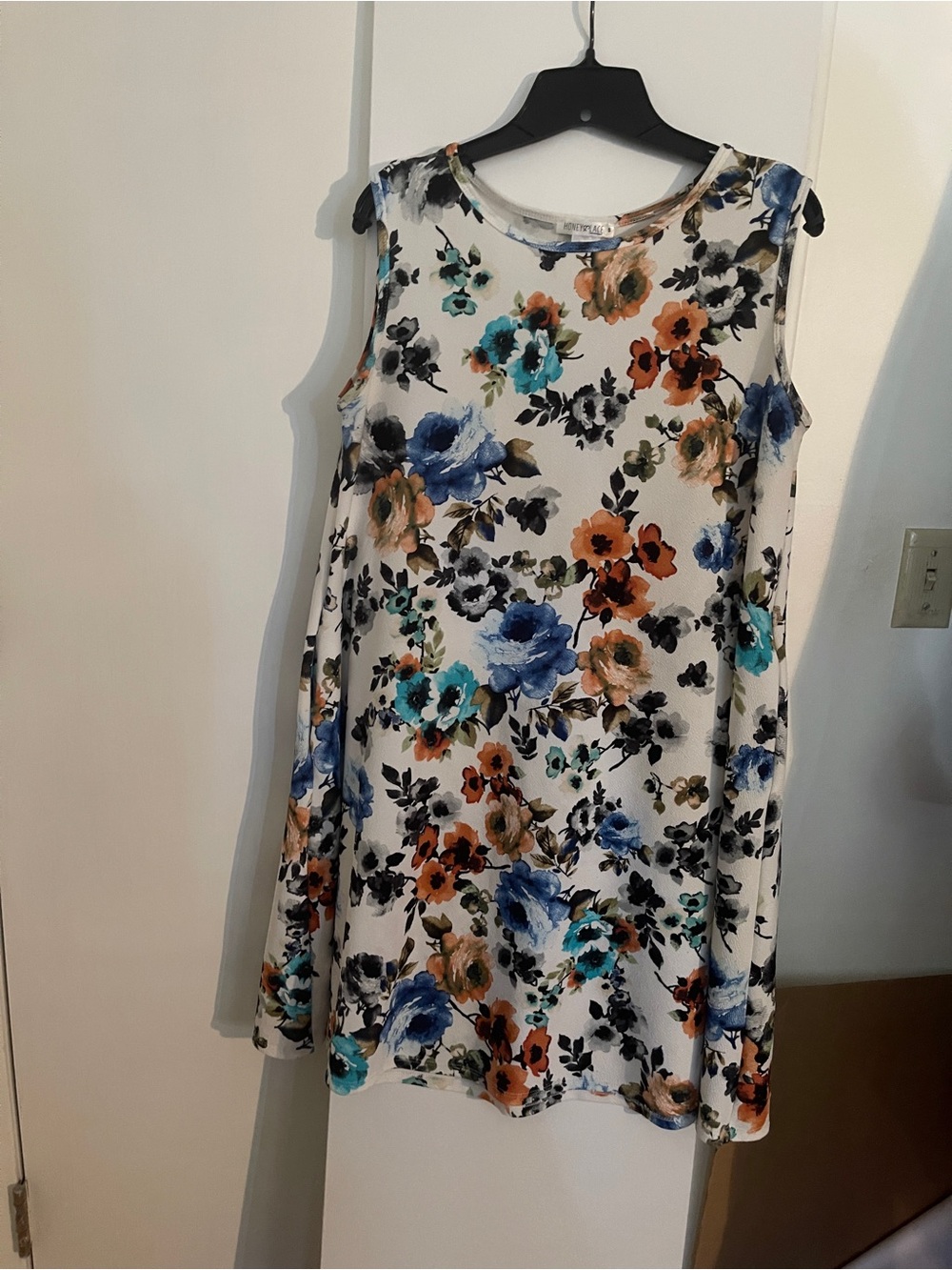 Floral Sleeveless A-Line Dress in White with Blue & Orange Blooms